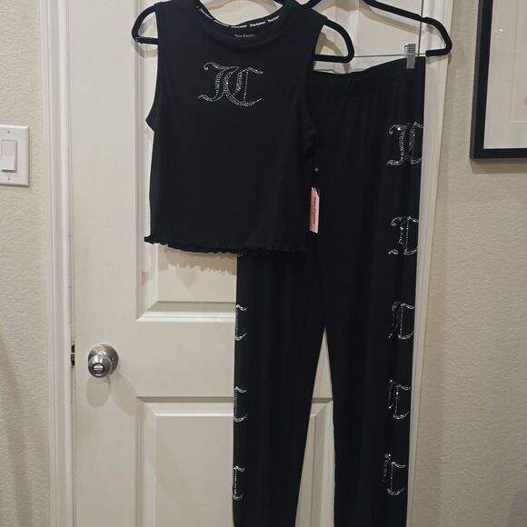 Juicy Couture JC Rhinestone Logo Ribbed Tank & Pants PJ Set- Black - Picture 6 of 8